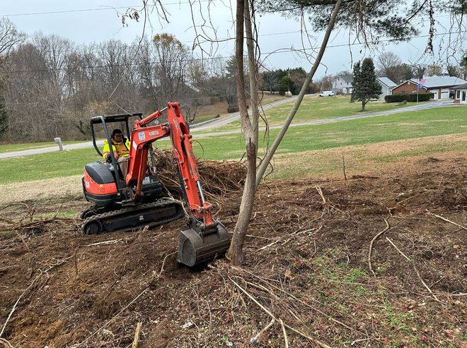 An orange mini excavator clears brush in a grassy field on an overcast day.