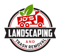 Logo for JD's Landscaping and Trash Removal featuring a red dump truck, green leaves, and black and red circular text.