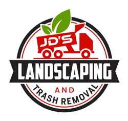 Logo for JD's Landscaping and Trash Removal featuring a red dump truck, green leaves, and black and red text.