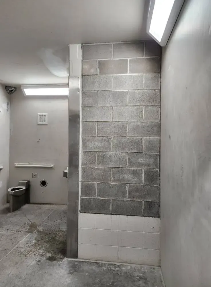 Interior of a room with a concrete block wall, a toilet, and fluorescent lights.