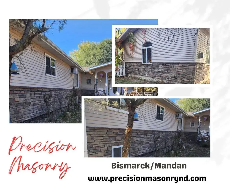 Exterior of a home with beige siding and stone veneer base, near Bismarck/Mandan. Precision Masonry logo included.