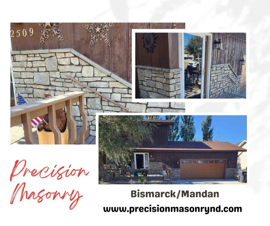 Stone masonry work on a house exterior and walls, with website address for Precision Masonry.