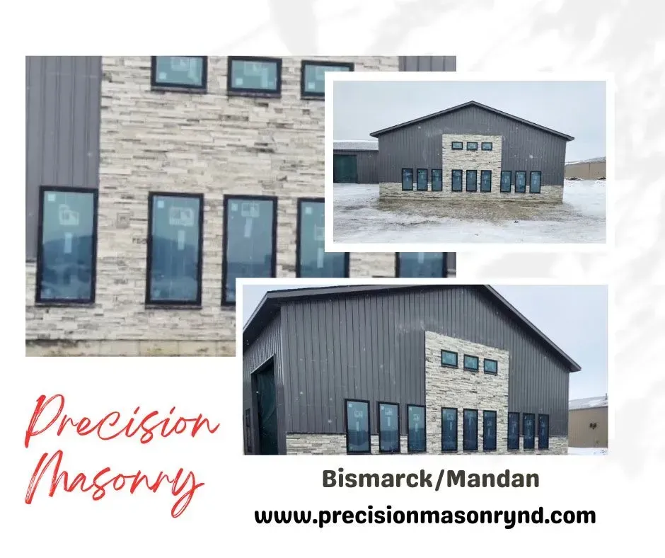 Precision Masonry building project in Bismarck/Mandan. Three views of a gray metal building with stone accents and rectangular windows.