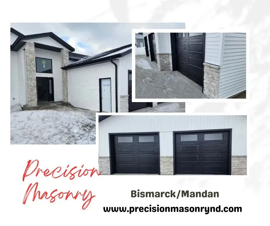 Photos of residential masonry work in Bismarck/Mandan: homes with stone and black garage doors.