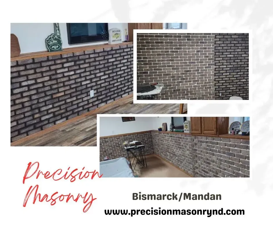 Photos of brickwork by Precision Masonry in Bismarck/Mandan. Includes text and website address.