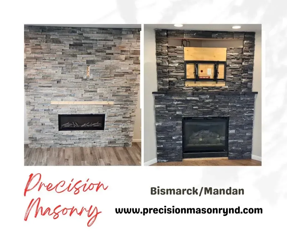 Two stone veneer fireplace transformations. Precision Masonry, Bismarck/Mandan. www.precisionmasonrynd.com.