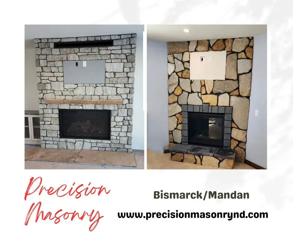 Two stone fireplaces, one with gray stone, one with brown, promoting Precision Masonry in Bismarck/Mandan.