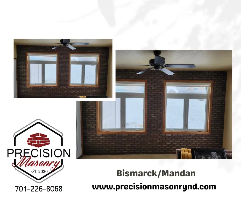 Interior brickwork by Precision Masonry in Bismarck/Mandan, with two windows and a ceiling fan.