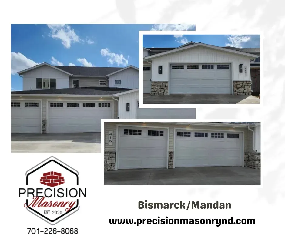 Three garage door photos with stone accents by Precision Masonry in Bismarck/Mandan. Website and contact info included.