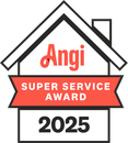 Angi Super Service Award 2025 badge in a house shape with the Angi logo and red banner.