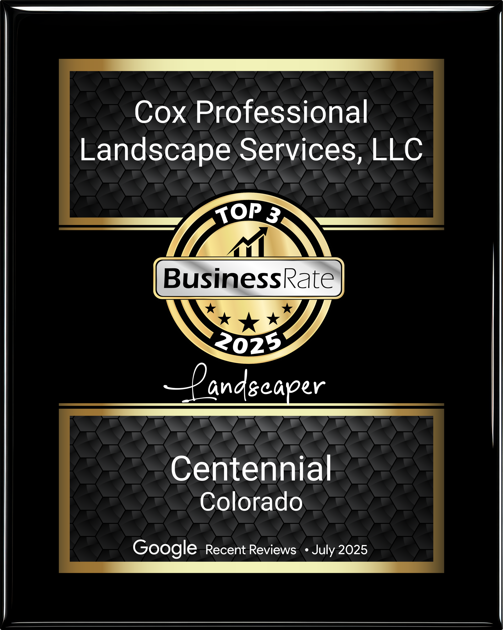 Plaque for Cox Professional Landscape Services, LLC, a top-rated landscaper in Centennial, Colorado, in 2025.