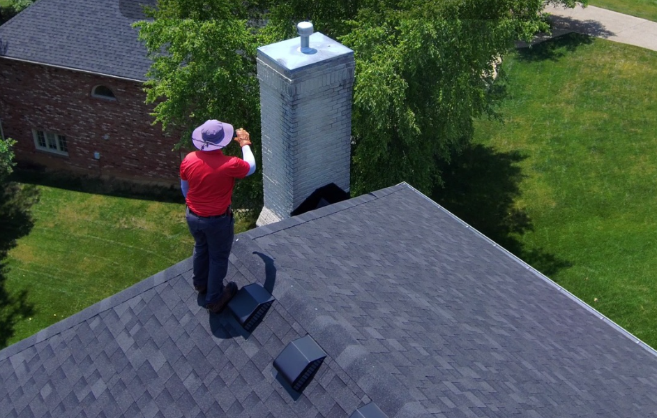 Man on roof near chimney, wearing red shirt and hat. Outdoors, sunny day.