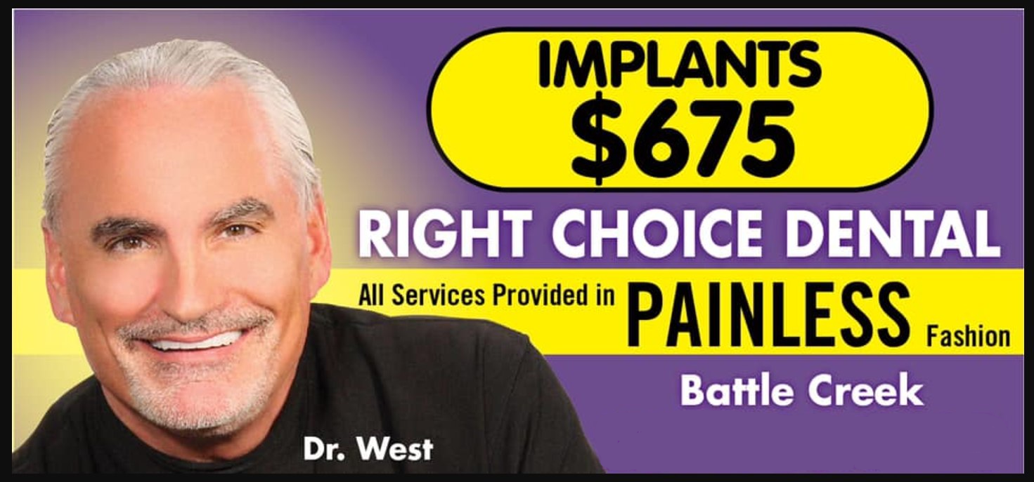 A man is smiling in front of a sign that says implants $675 right choice dental