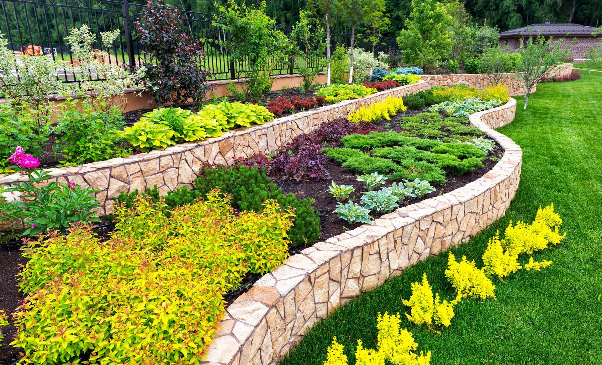 A garden with lots of plants and flowers and a stone wall.