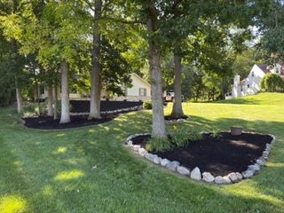 Lush green lawn with trees encircled by dark mulch beds, bordered by stones. Houses in background.