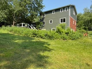 Two-story house with green siding and red brick accent, surrounded by overgrown weeds and trees.