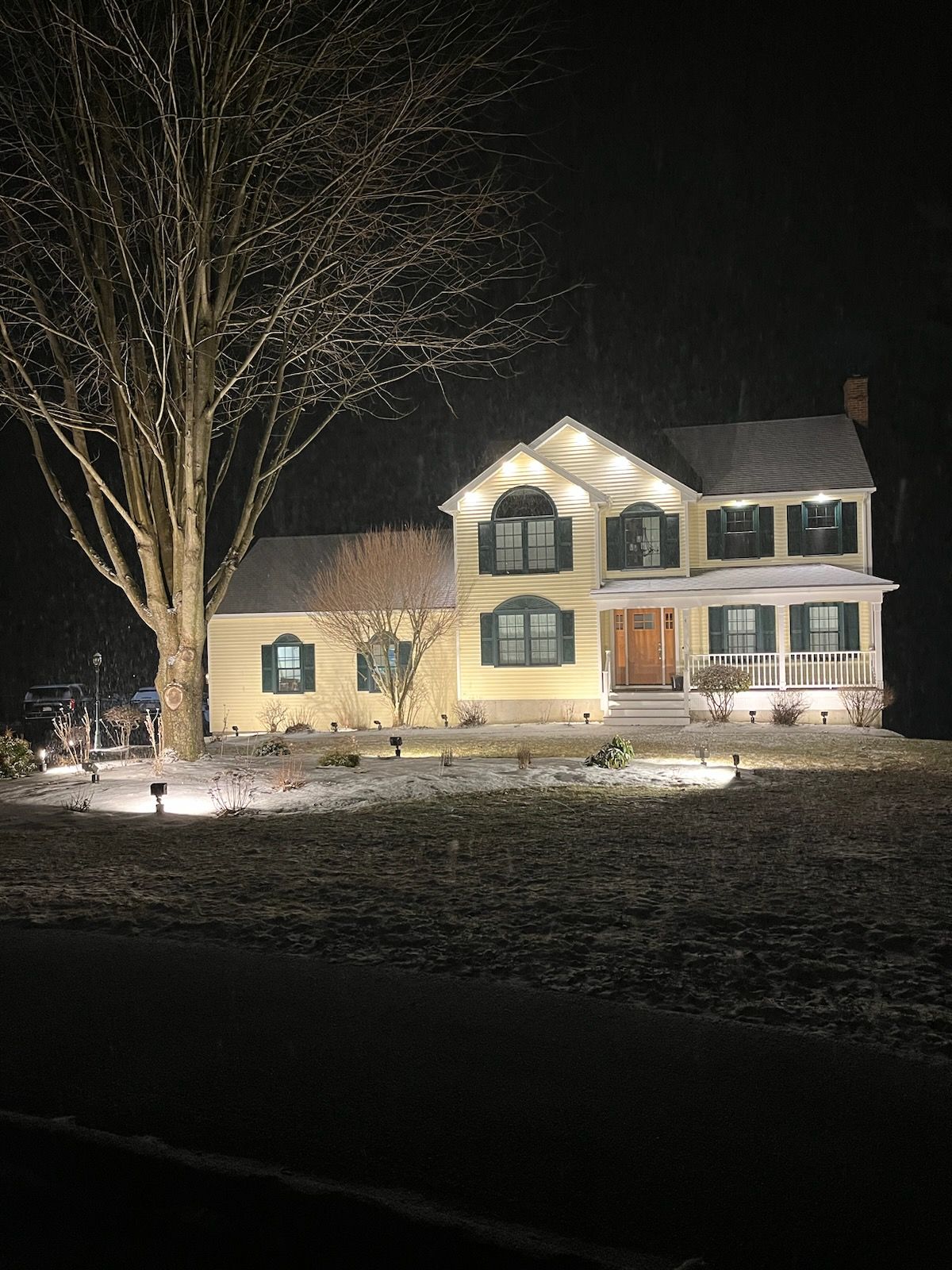 A large house is lit up at night with a tree in front of it.
