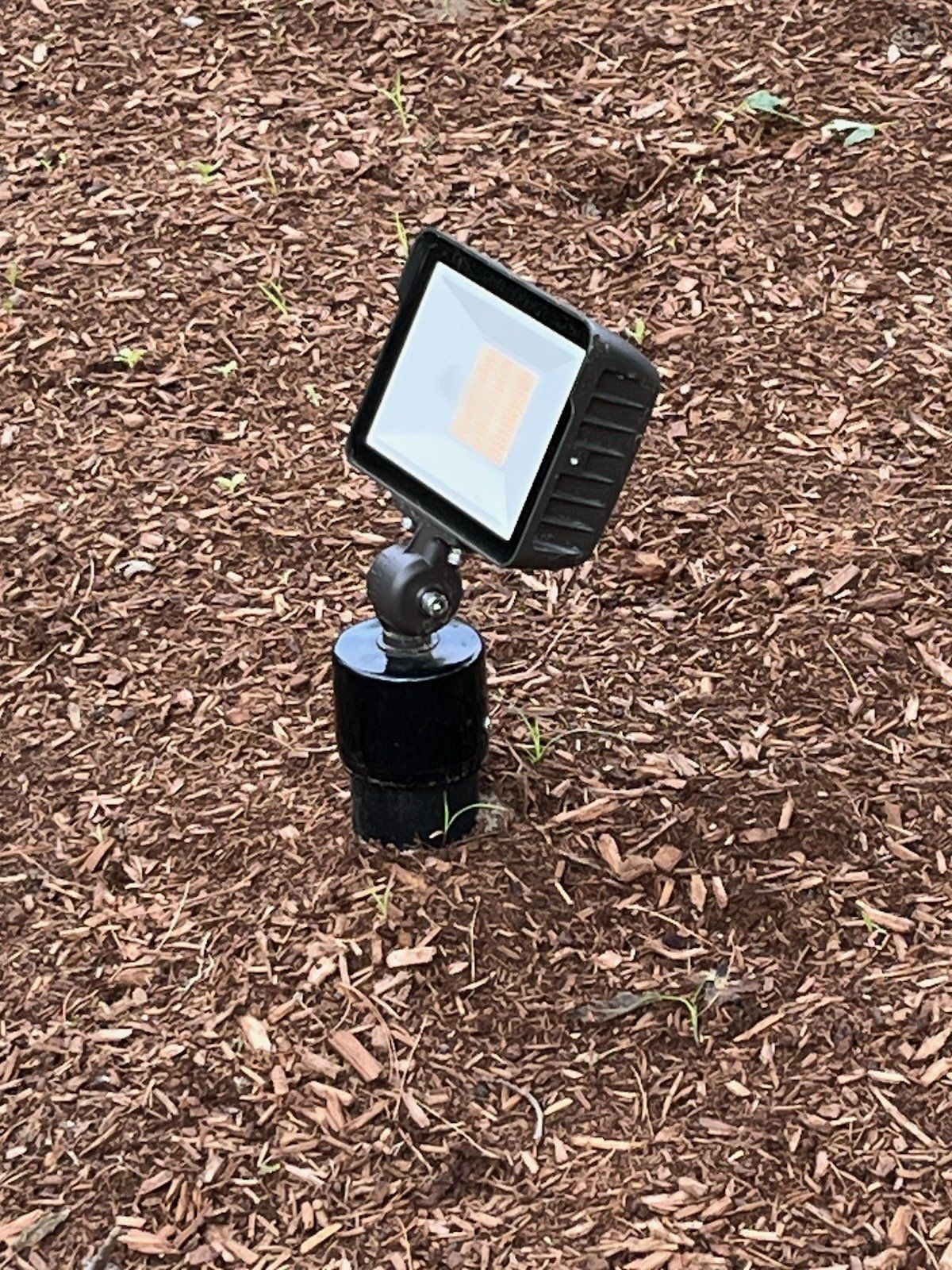 A spotlight is sitting on top of a pile of mulch.