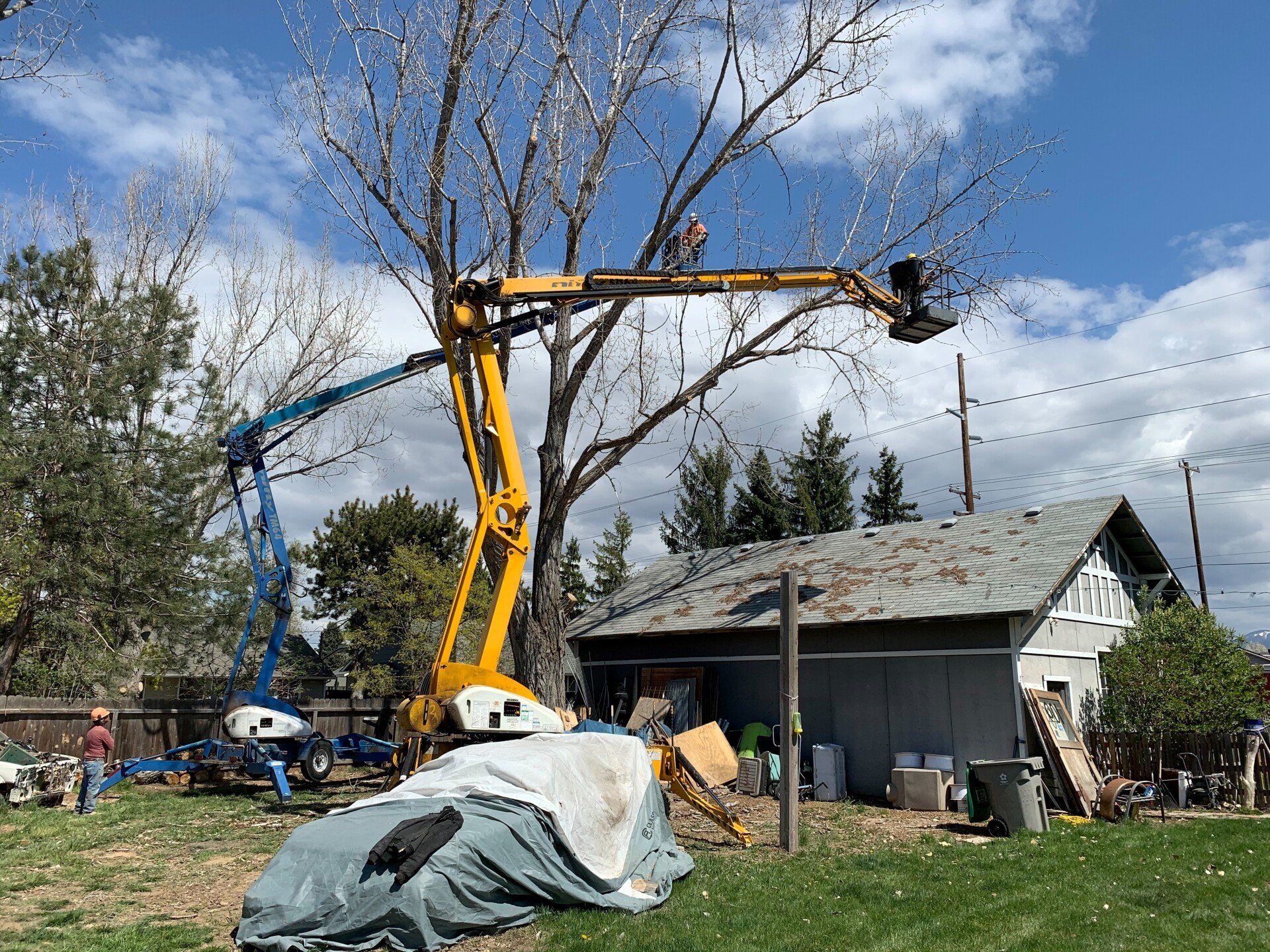 A crane is cutting a tree in front of a house.