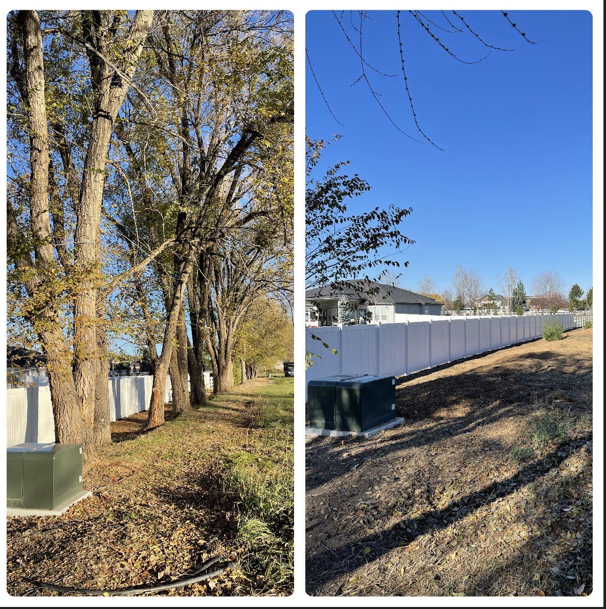 A before and after picture of a fence and trees.
