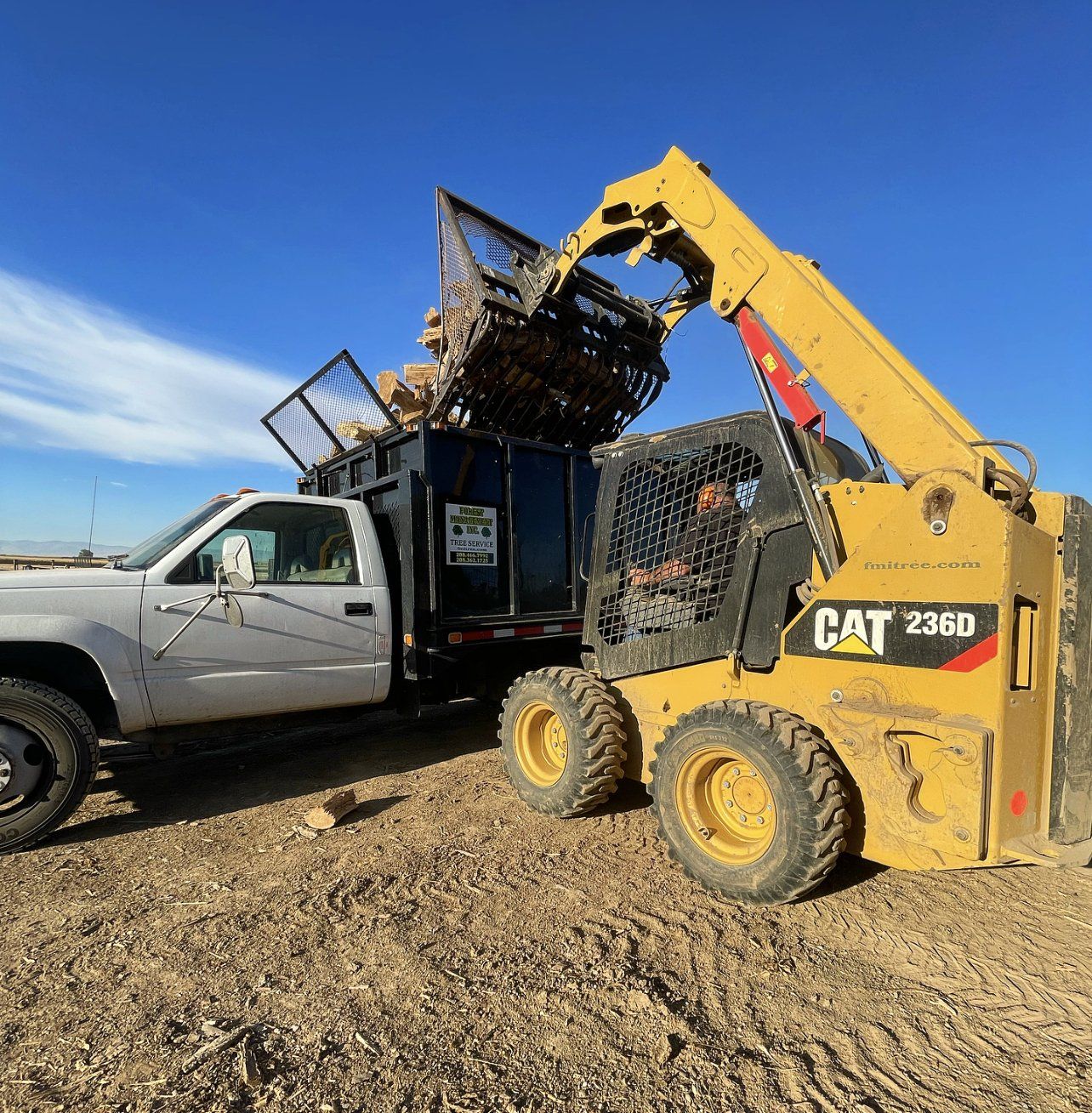 A cat 2360 skid steer is loading dirt into a truck