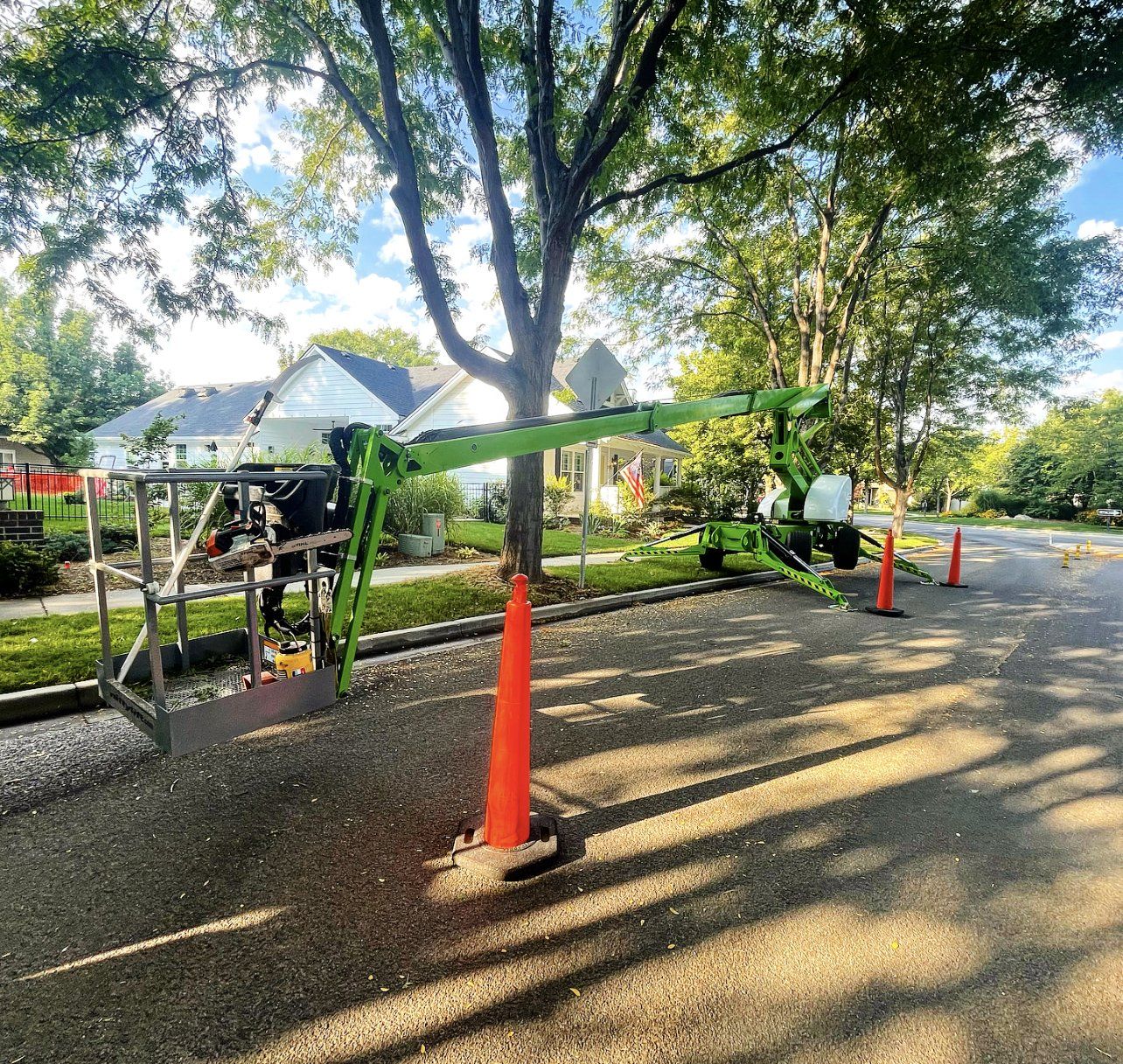A green crane is sitting on the side of the road next to a tree.