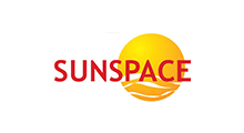 Sunspace logo with red text and a yellow sun graphic over orange waves