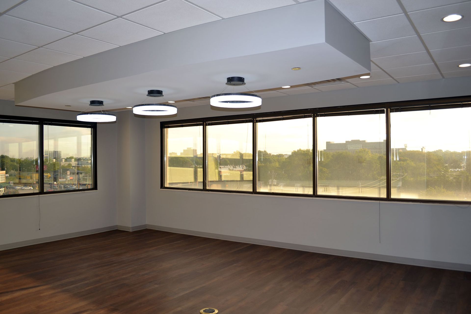 Empty room with large windows, wood floor, and circular lights.