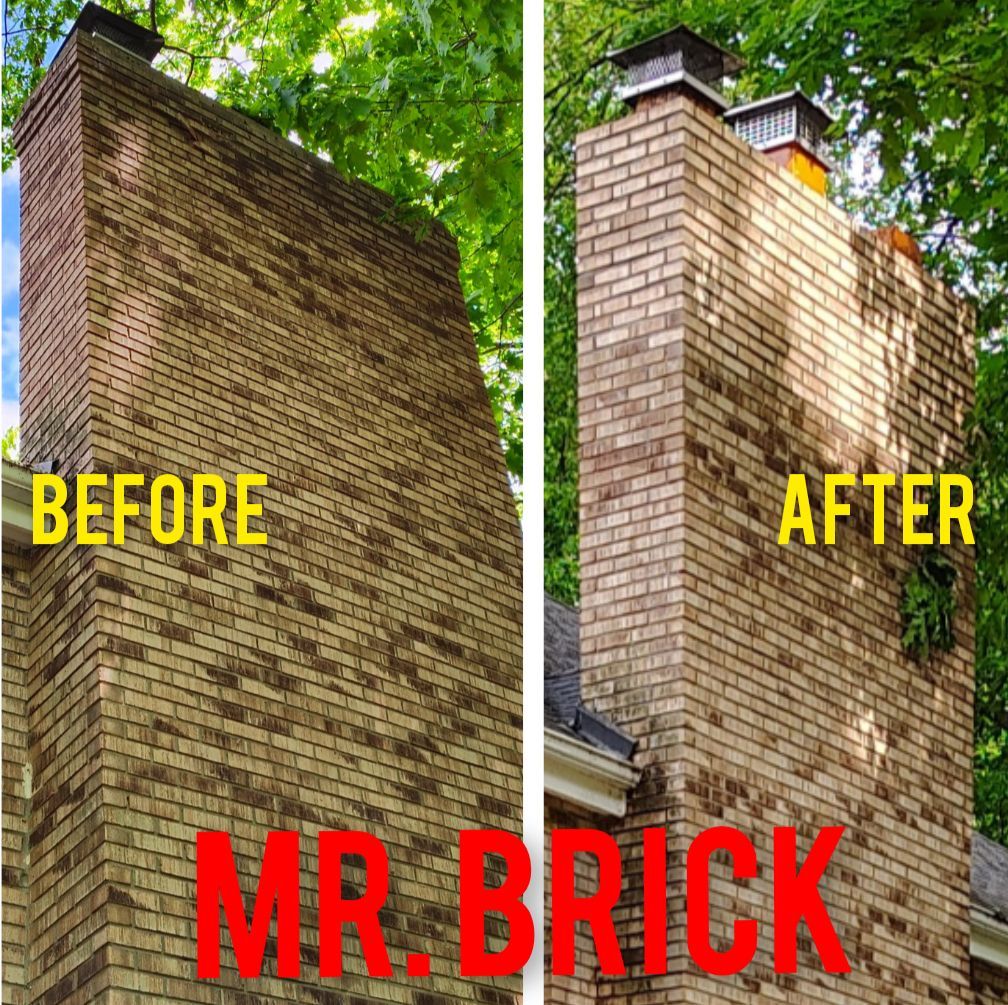 Side-by-side chimney comparison: before (stained brick) and after (cleaned brick) with 