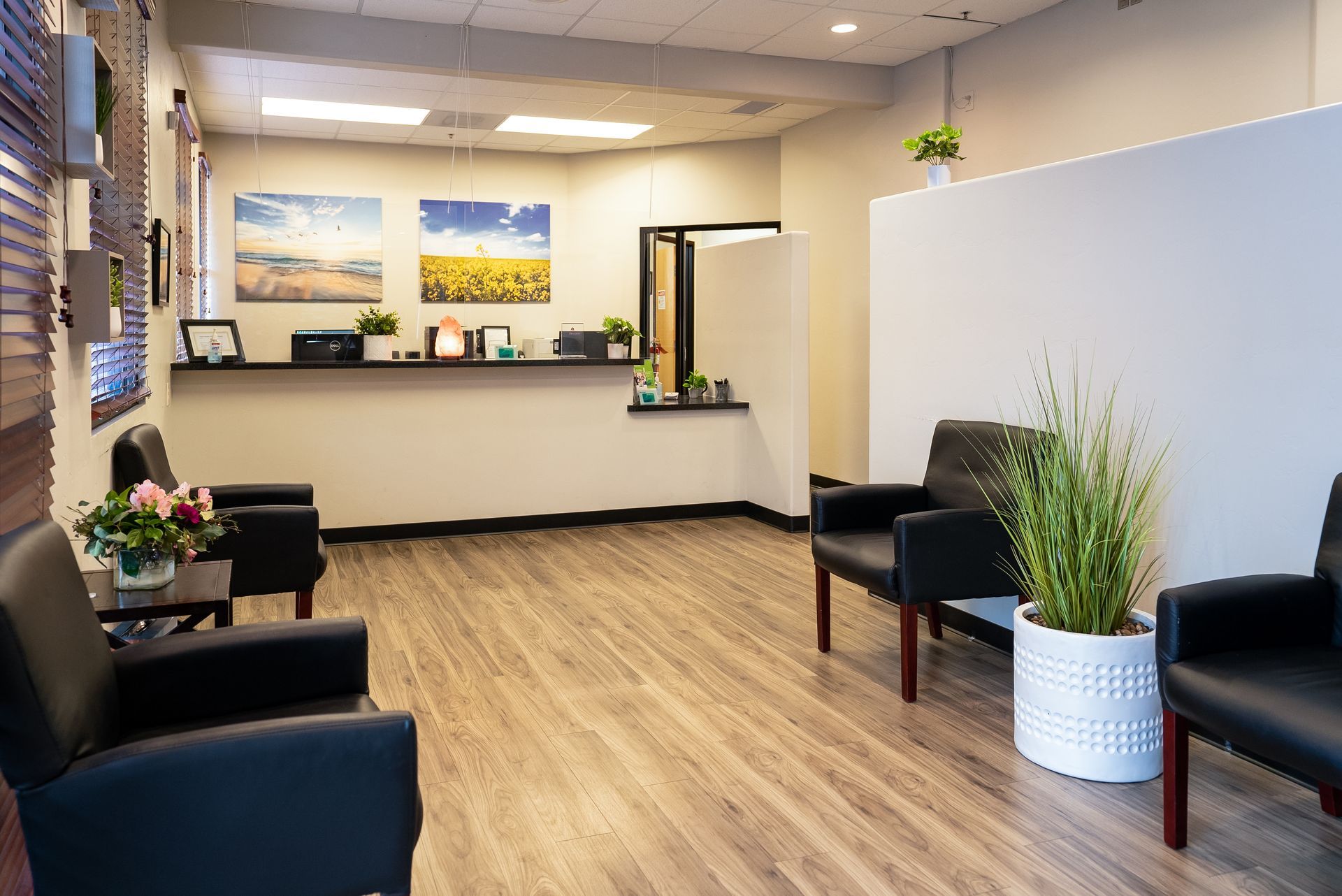A waiting room with chairs, a table, and a plant.