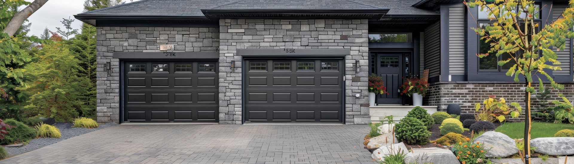 A house with two garage doors and a driveway in front of it.