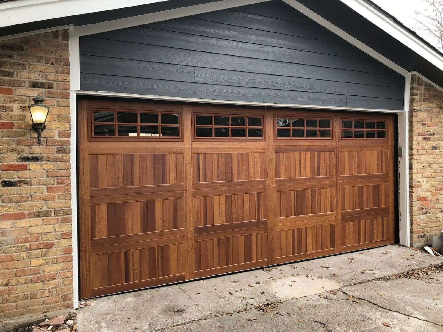 A wooden garage door