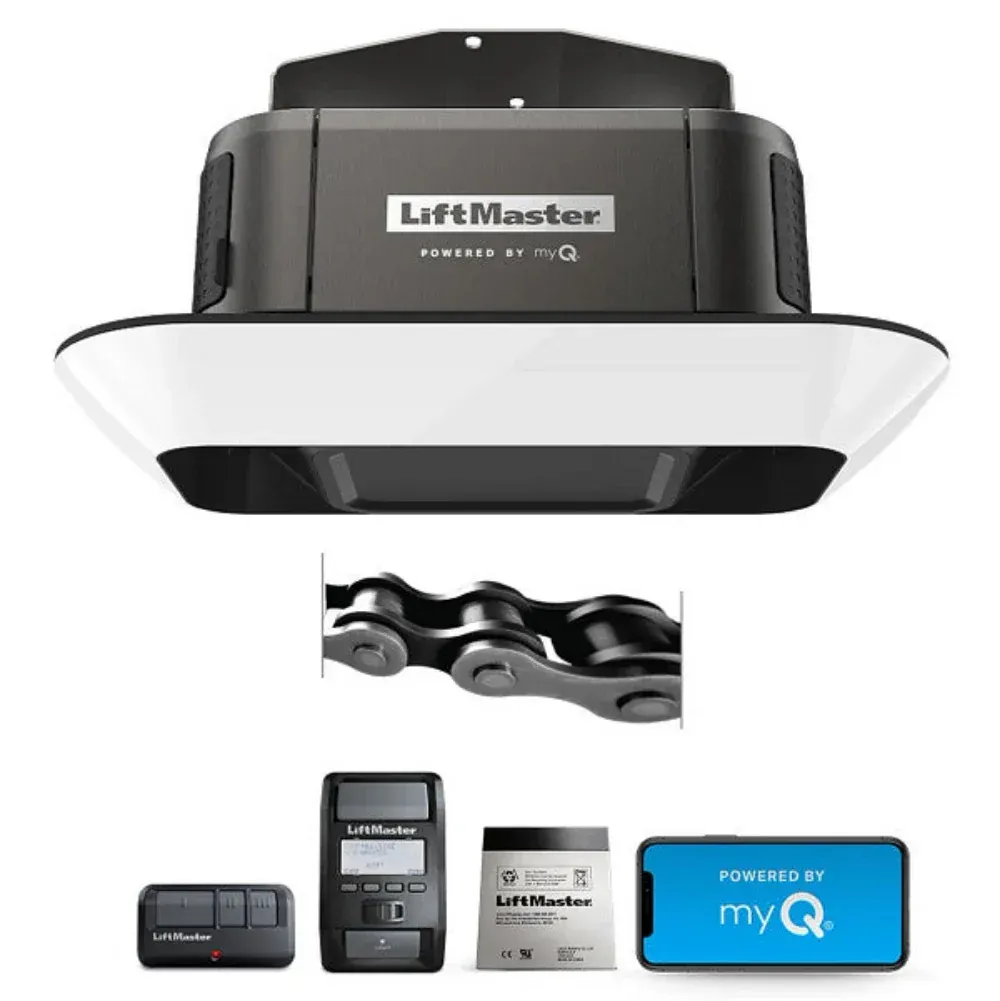 A liftmaster garage door opener with a remote control and a chain.