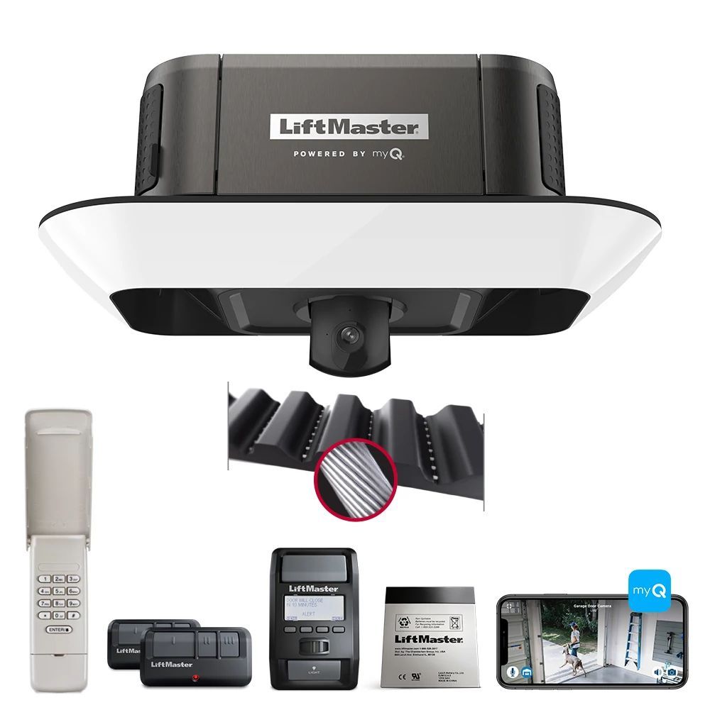 A liftmaster garage door opener with a camera and remote control.