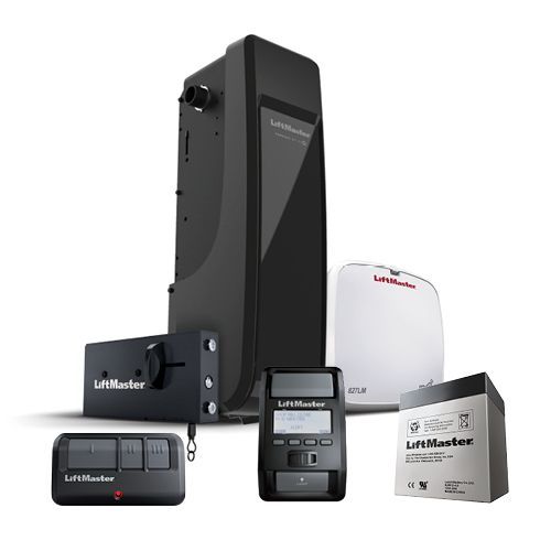 A garage door opener with a remote control and a battery.