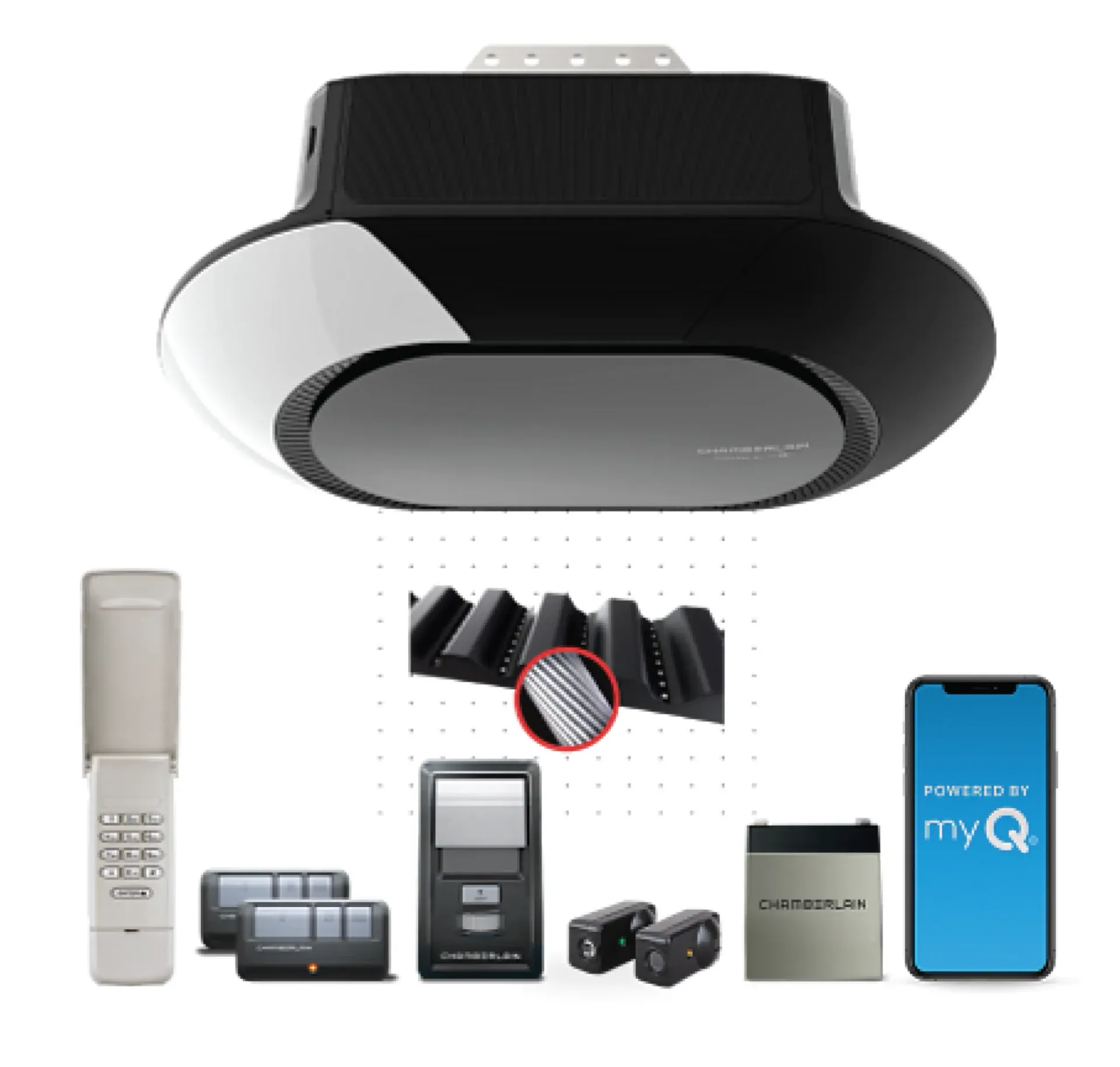 A garage door opener with a remote control and a cell phone.