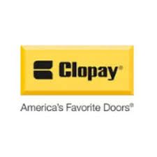 The clopay logo is yellow and black and says 