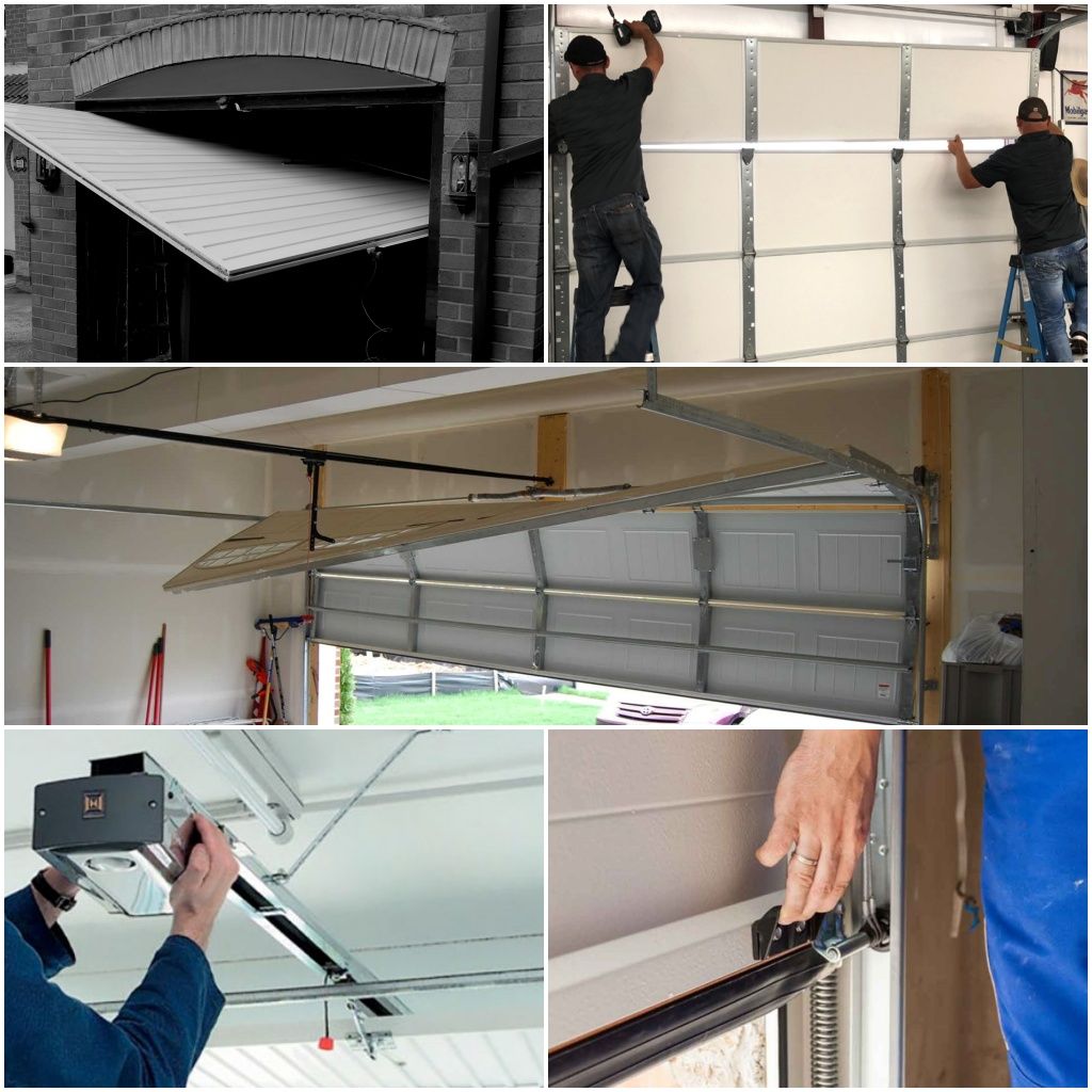 A collage of photos showing a man installing a garage door