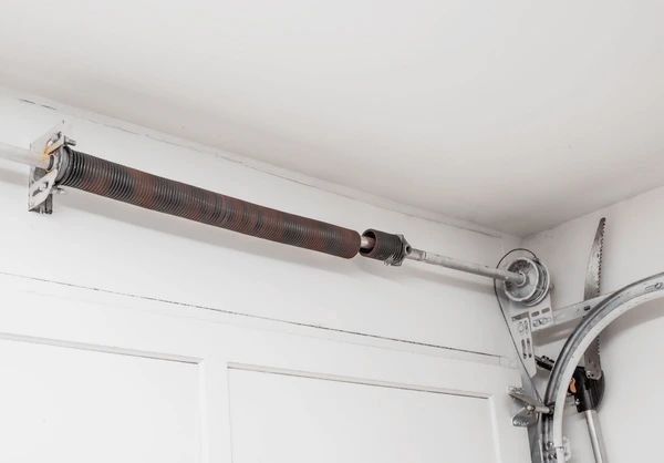 A close up of a garage door spring in a garage.