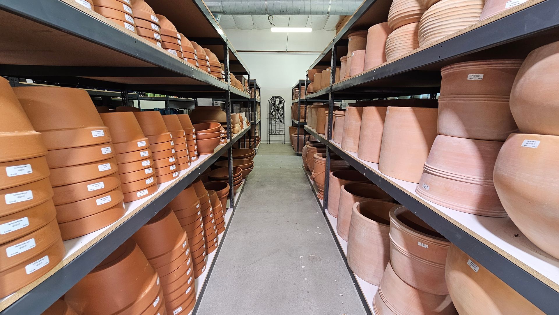 Rows of terracotta pots on shelves in a storage room.