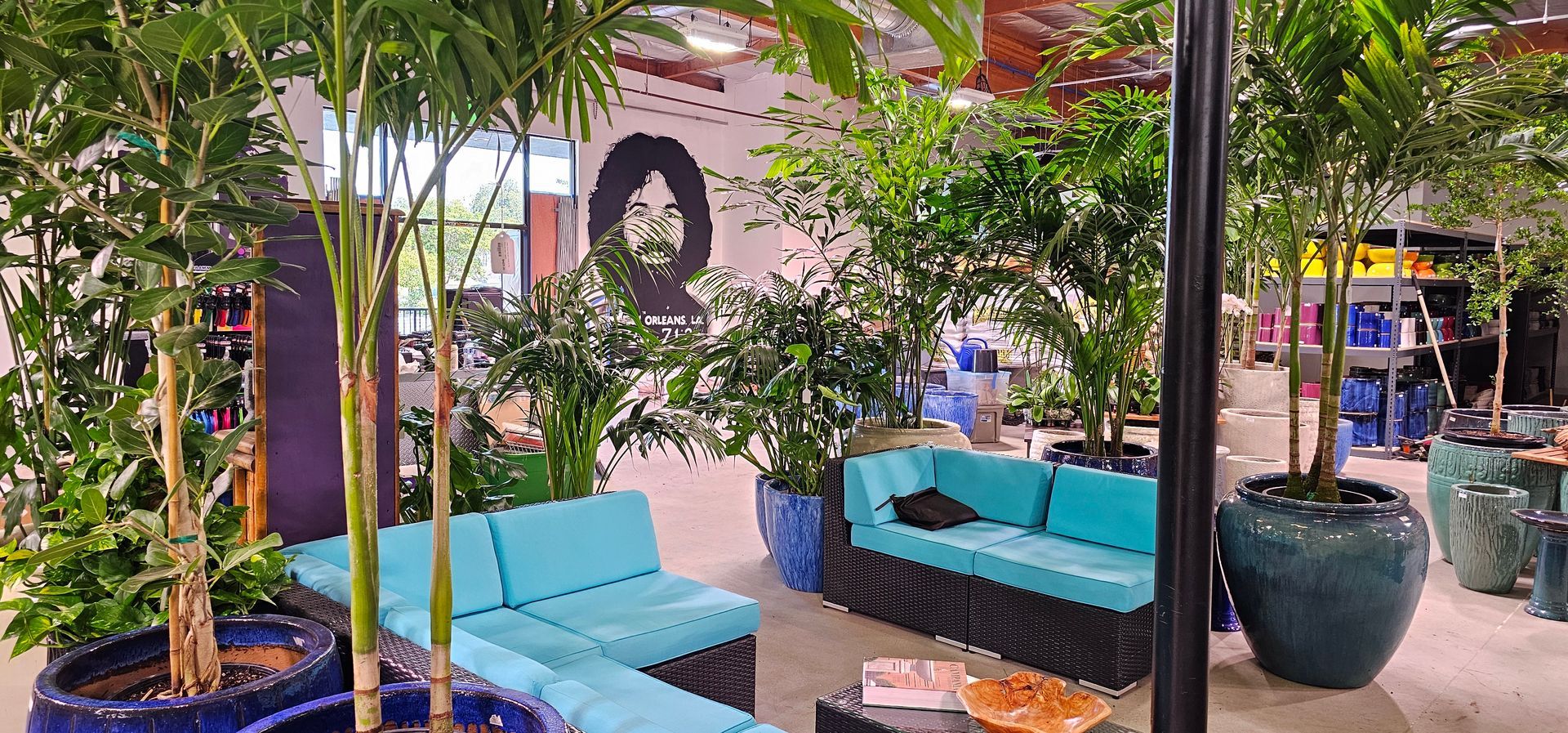 A relaxing indoor space with teal sofas, potted plants, and a wall portrait.