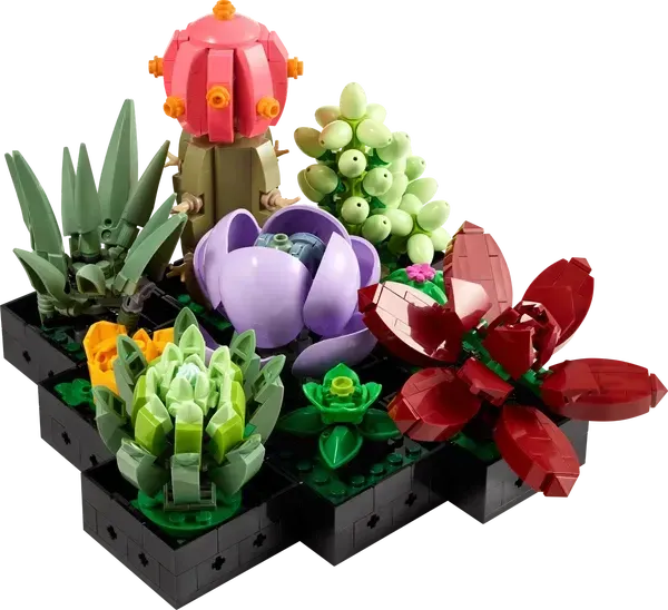 LEGO succulents set on a black stepped base; includes various colorful plants.