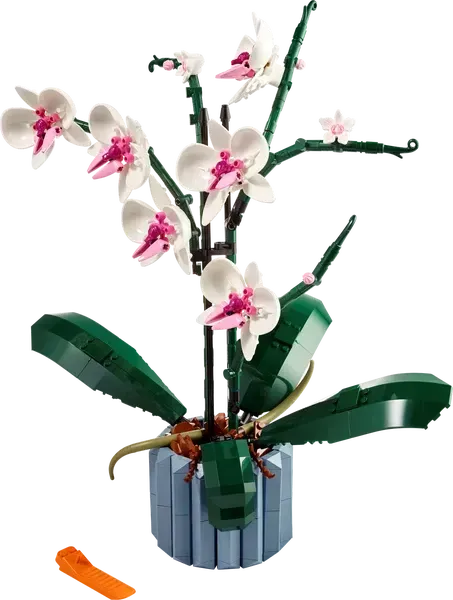 LEGO model of an orchid in a blue pot. White and pink flowers, green leaves and stems.