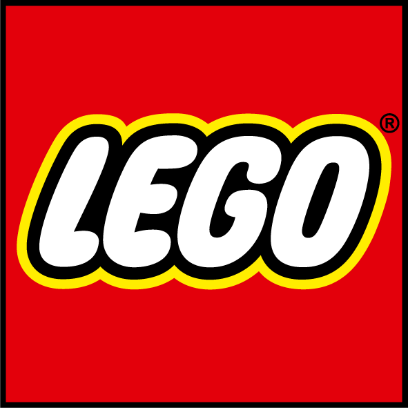 LEGO logo, white text on a yellow outline, red background.