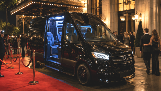 Black luxury van parked on a red carpet outside a lit building at night