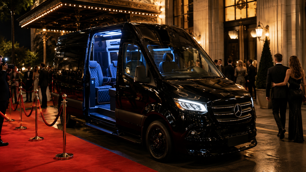 Black luxury van parked on a red carpet outside a lit building at night