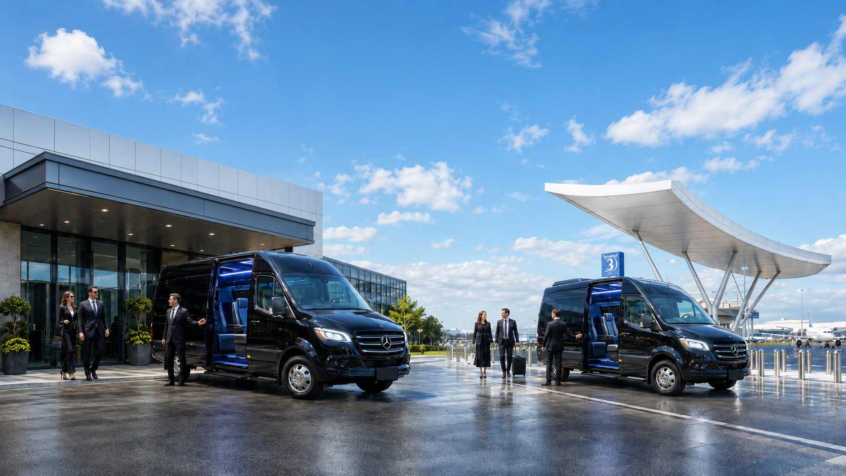 Two blue vans on a wet lot outside a modern building under a bright sky