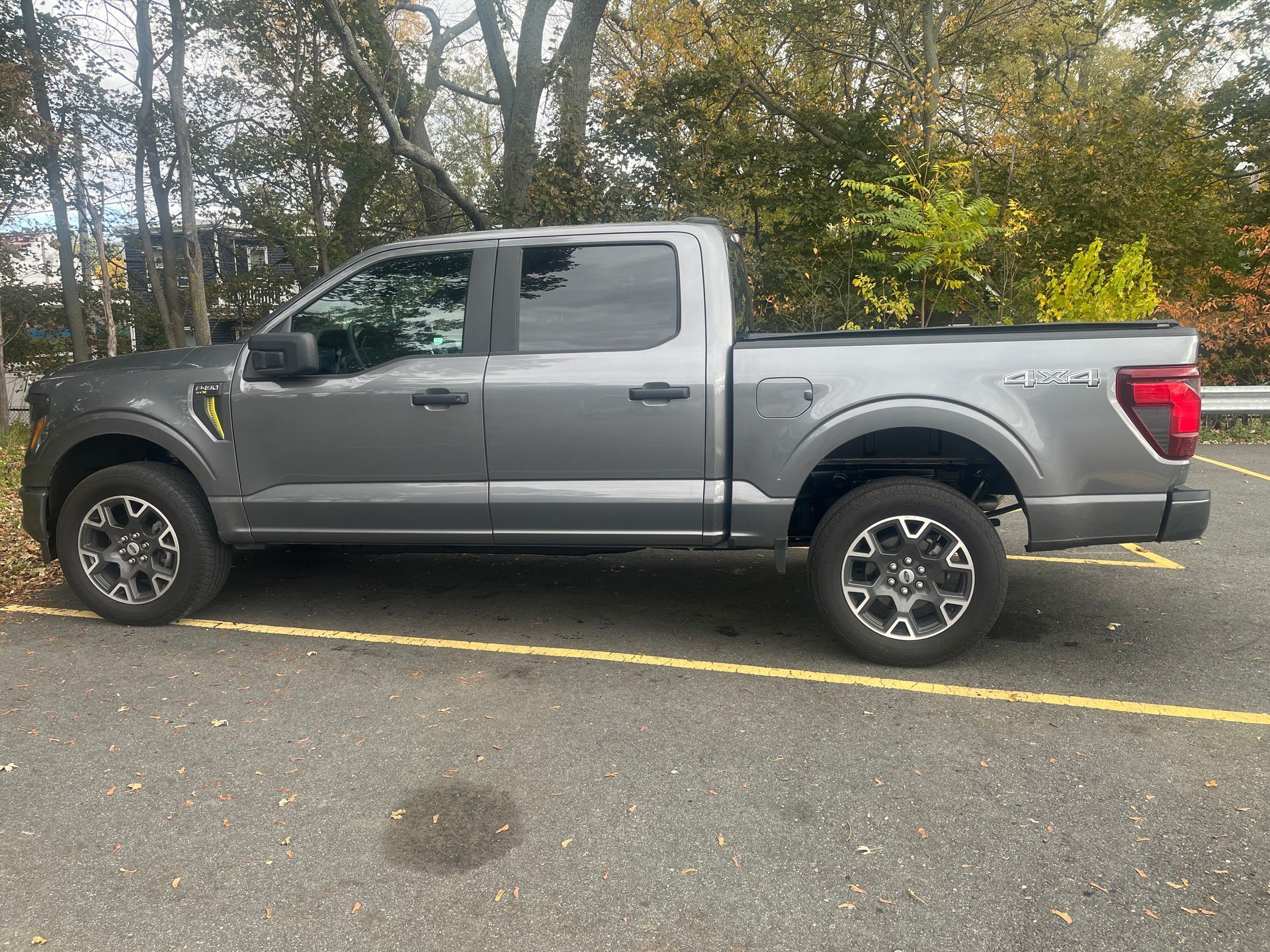 Gray Ford F-150 pickup truck parked on asphalt, near trees. Truck has black wheels and a yellow accent.