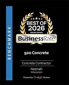 BusinessRate 2026 Benchmark award for 920 Concrete, concrete contractor in Neenah, Wisconsin, with Google Reviews