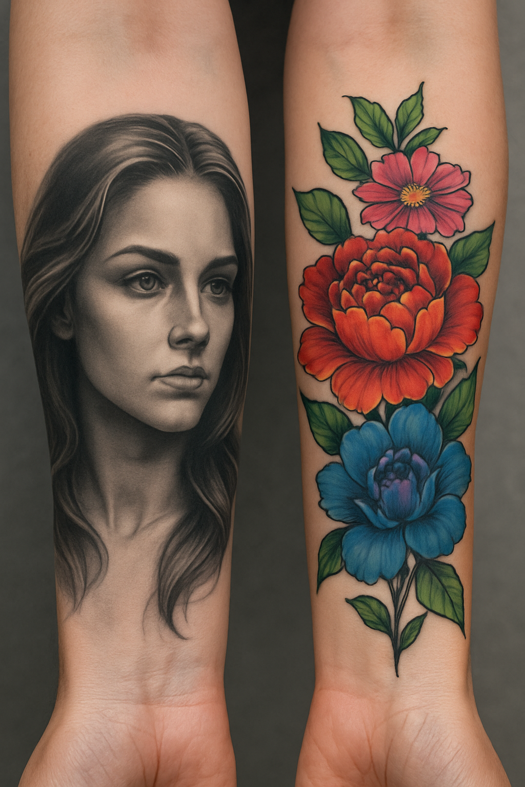 Black and grey portrait tattoo next to vibrant color floral tattoo on forearms.

